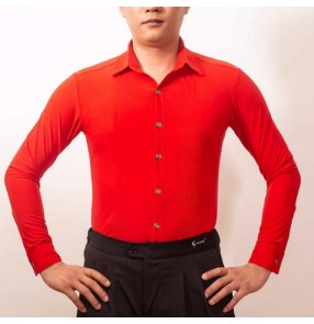 Red black white latin dance shirts for men youth long sleeves down collar waltz tango chacha rumba flamenco dancing tops for male